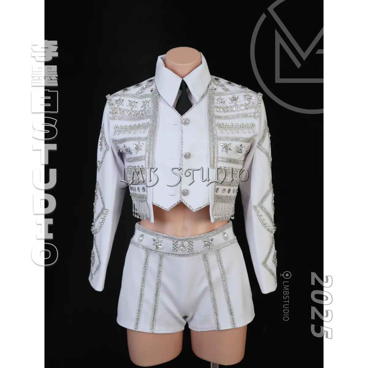 Luxury Sparkling Diamond White Split Set For Girl Group Singing and Dancing Concert Performance Outfit Holiday Party Theme Show