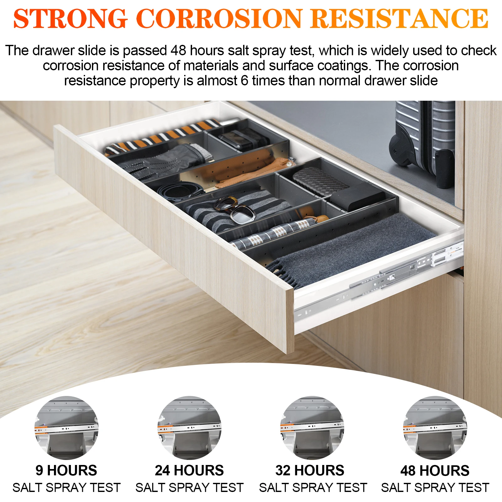 1 pair of full extension rails for 10, 12, 14, 16, 18, 20, 22, 24 inch drawers, 100 lb load capacity metal bearing with ball