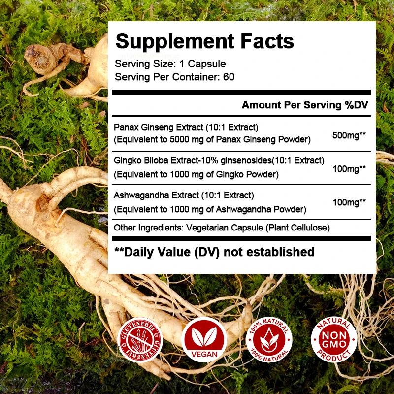 10:1 Extract Authentic Korean Red Panax Ginseng(500mg)+ Ginkgo Biloba(100mg) + Ashwagandha(100mg )Supplement Vegetarian, Non-GMO