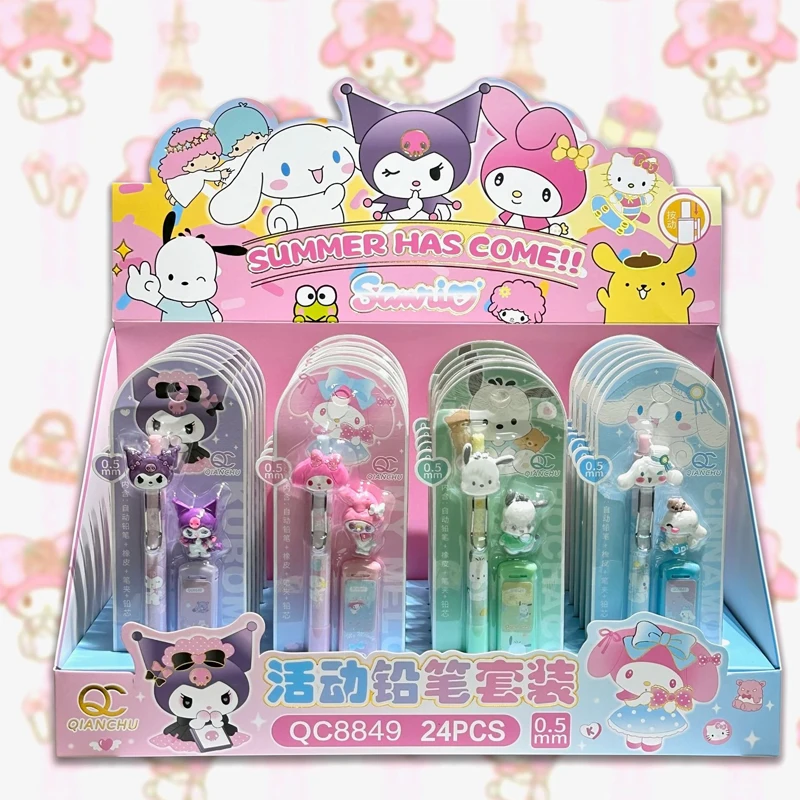 Creative Sanrio Kawaii Cartoon Activity Pencil Eraser Set 3-in-1 24 Pieces With 0.5mm No-cut Activity Pencil Stationery Set Gift