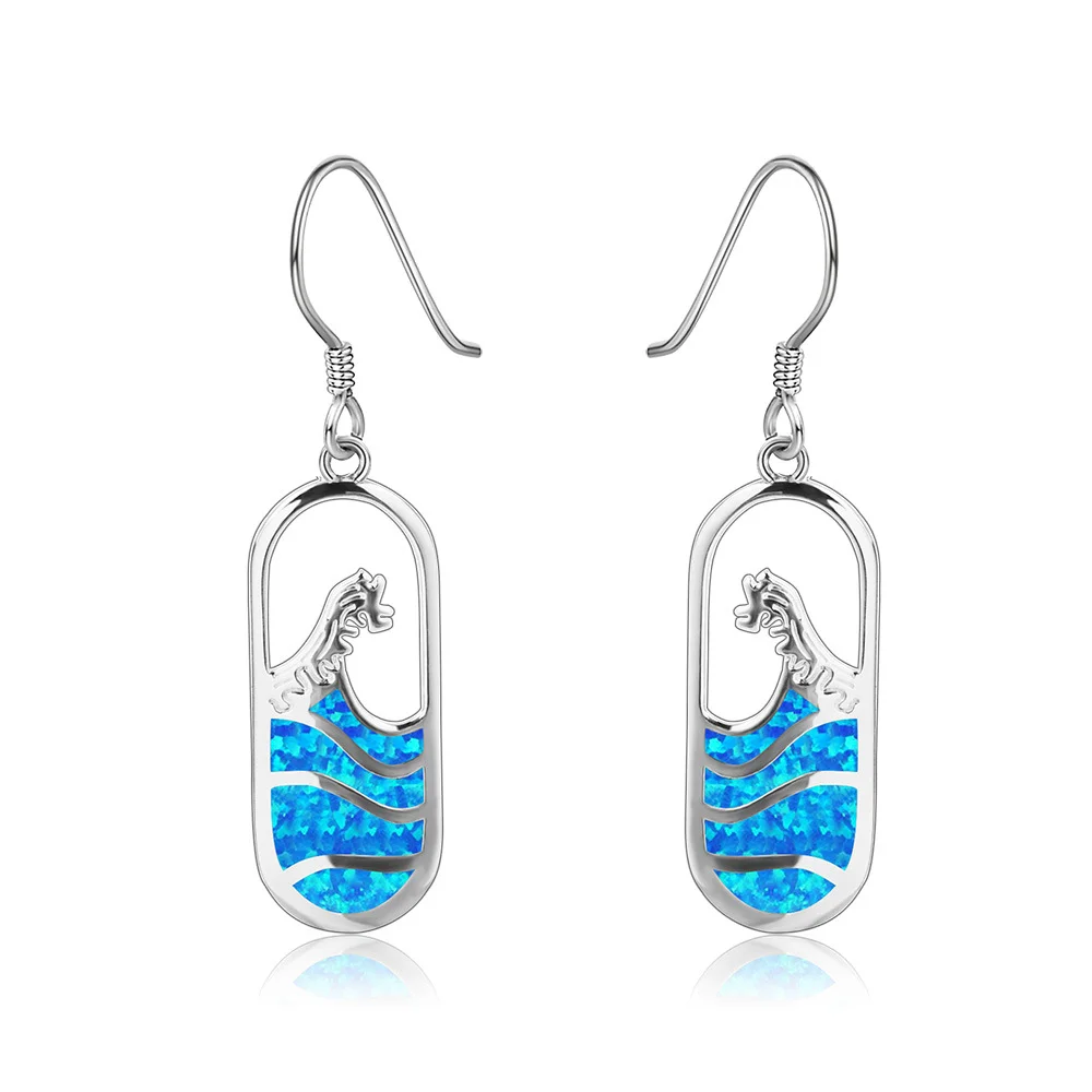 Blue Opal Earrings for Women,Silver Plated  Boho Style Oval Dangle Earrings with Carved Pattern,Elegant Hook Earrings Gift Idea