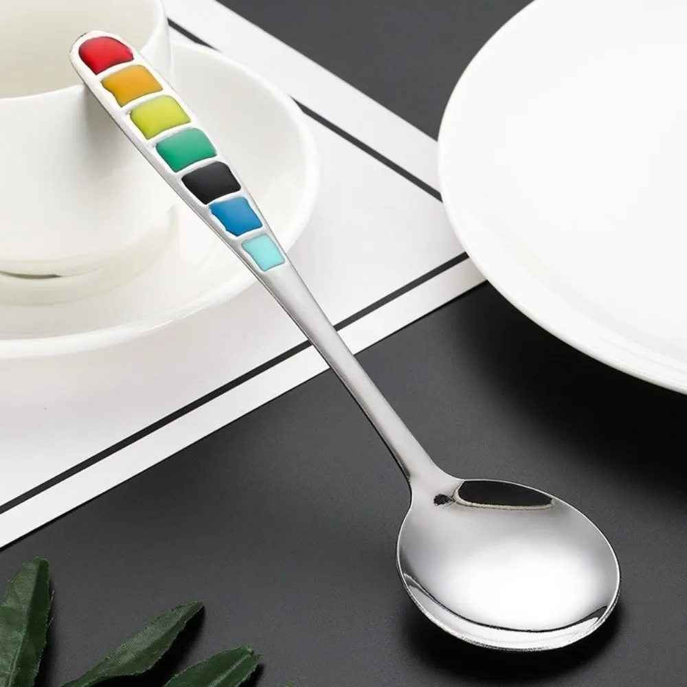 Household Round Head Soup Spoon Long Handle Deepened Serving Spoon Stainless Steel Colorful Rust-Proof Spoon Catering