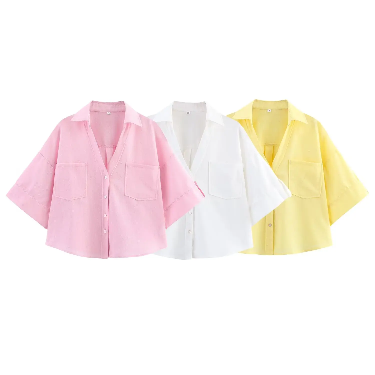

Women Chic 2025 Summer Casual Shirts Women Vintage Single Breasted Turn-down Collar Pocket Polyester Shirt 2187813