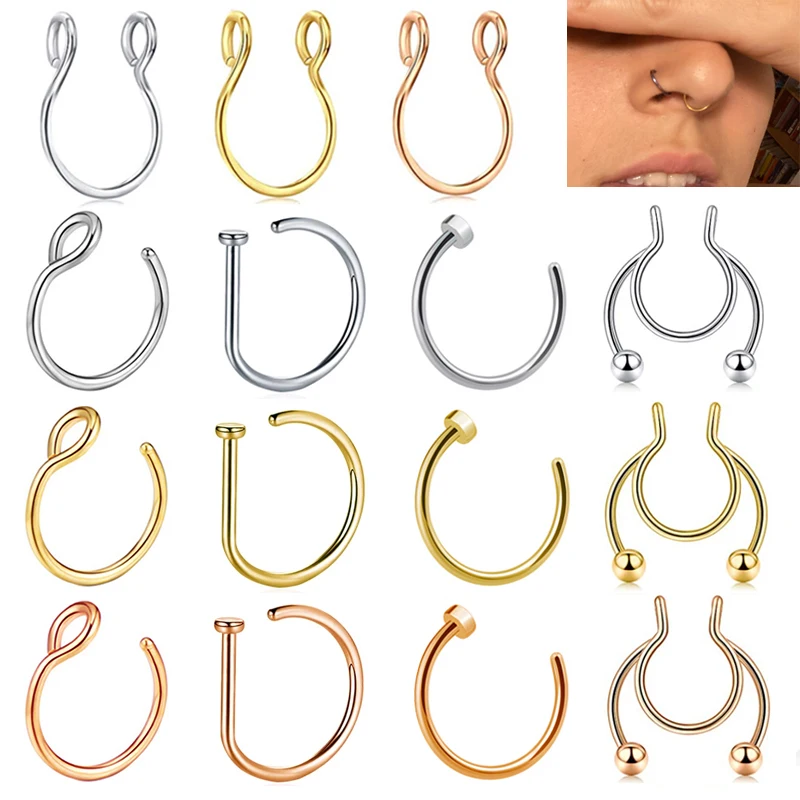 

10pc Women Men Fake Piering Nose Ring Earrings Fashion punk Non Piercing Clip Stainless Steel Perforation Septum Body Jewelry