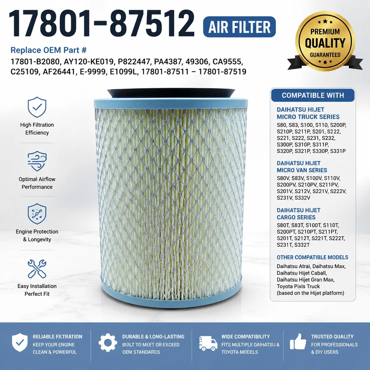 Filtro de Aire 17801-87512 Reemplaza 17801-B2080 AY120-KE019 Compatible con Motor Daihatsu Hijet S80 S83 S100 S110 S200P S210P S211P