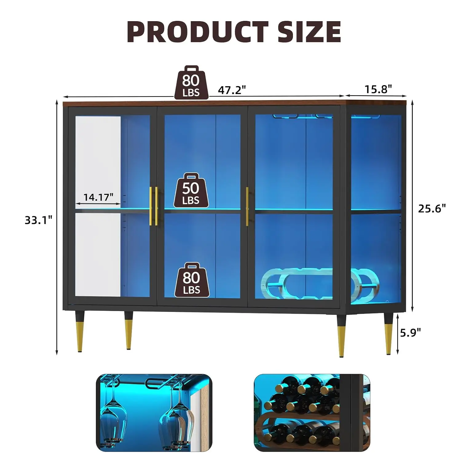 Metal Wine Bar Cabinet with LED Lights & Glass Doors 47