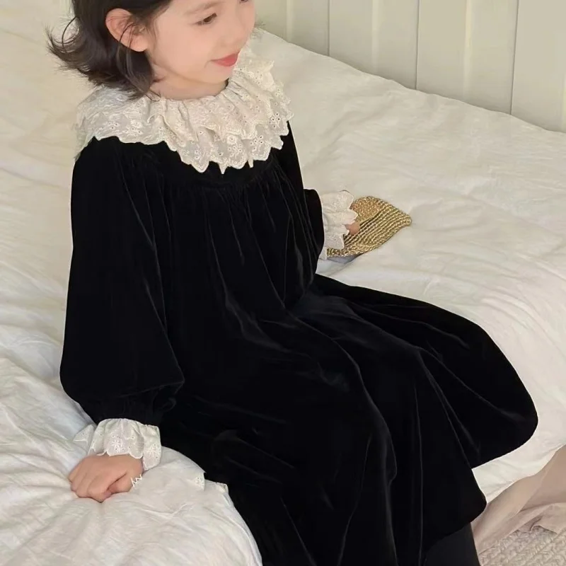

Girls' 2026 New Arrival Autumn Winter Luxe Velvet Long Sleeve Chic Princess Dress for Toddler To Big Kid 2-7 Years Old
