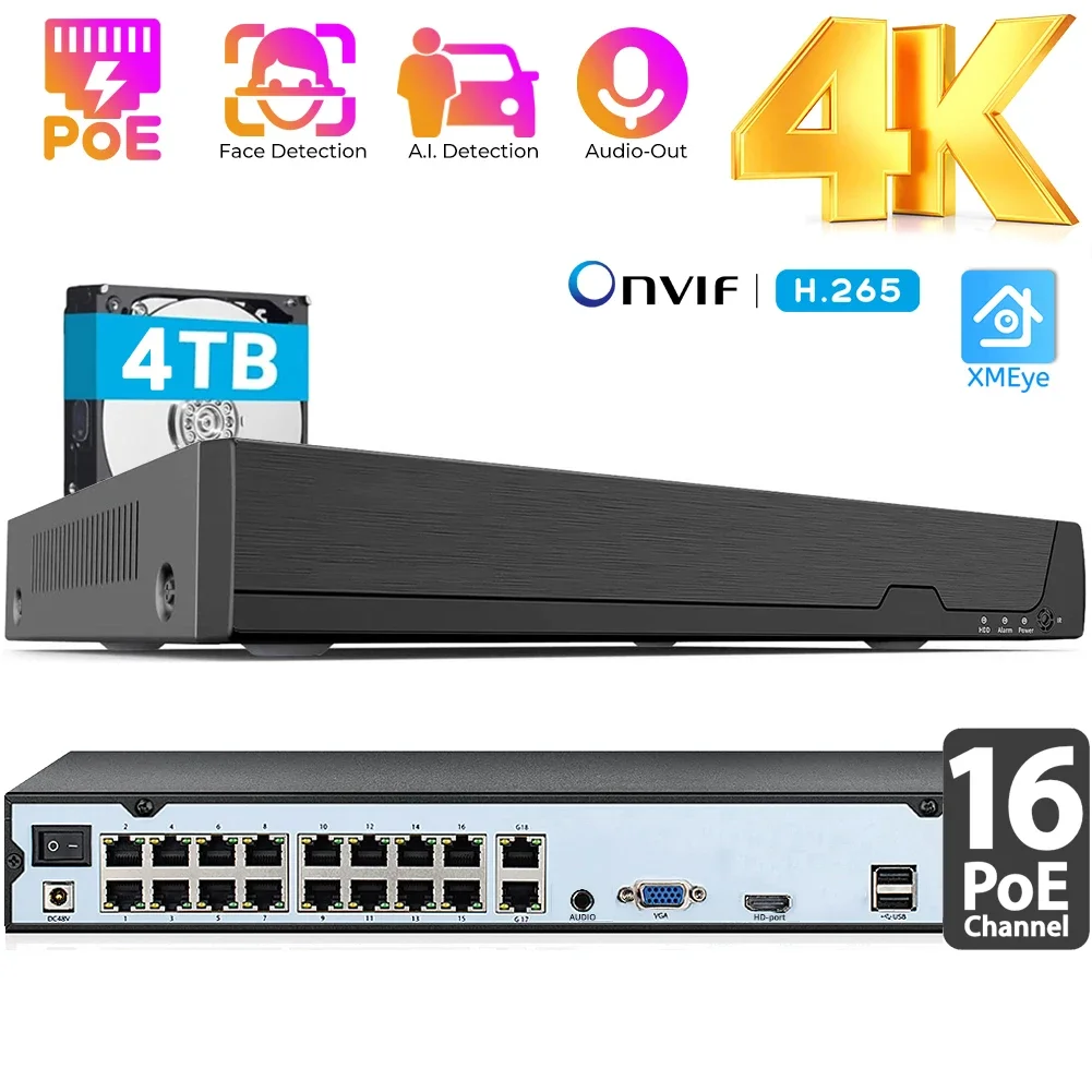 4K 16CH NVR POE Video Recorder NVR for IP Cameras (Up to 16pcs 8MP), 16-Port PoE NVR Onvif Video Surveillance Recorder XMeye