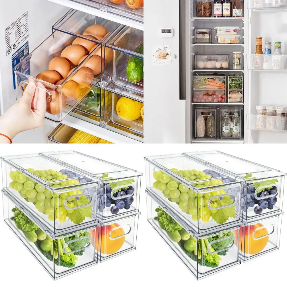 

Штабелируемые прозрачные ящики для холодильника с ручками для хранения продуктов, холодильника, морозильной камеры и организации кухни