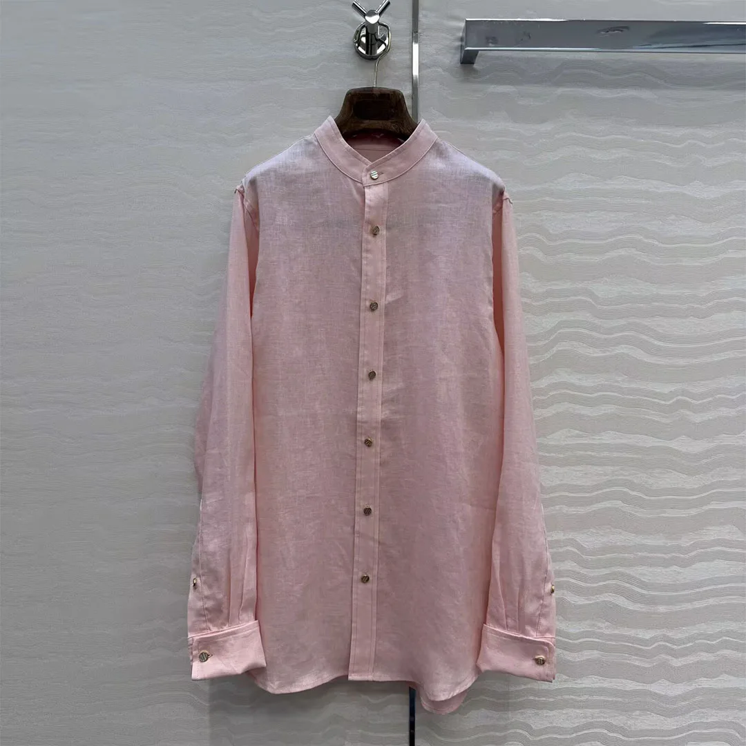 Chemise vintage style Old Money 100% lin pour femme, col rond, manches longues, boutons métalliques, couleur unie, coupe ample, chemisier long, tenue de bureau