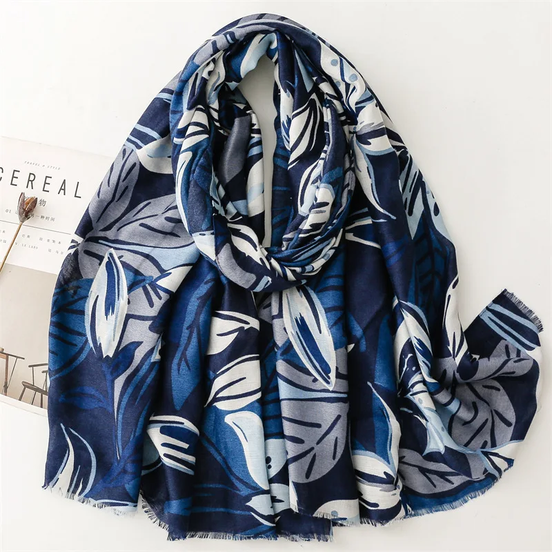 Winter Vintage Ombre Leaf Floral Fringe Viscose Shawl Scarf Lady High Quality Print Pashmina Stole Bufanda Muslim Hijab 180*90Cm