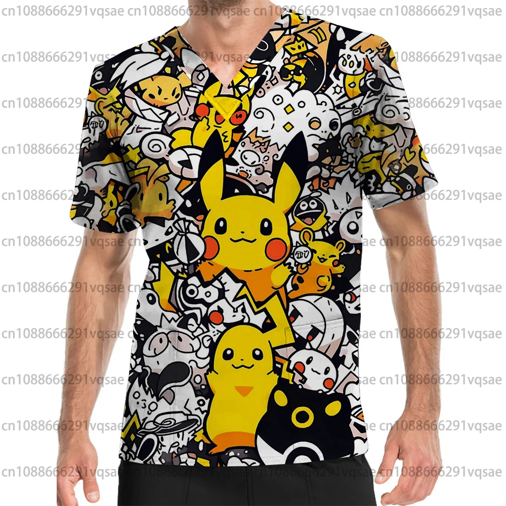

Summer New Work Uniform Pokemon Cartoon Men's 1-Pocket STRETCH V-Neck Scrub Top Medical Clinical Pet Shop Dental T-shirt