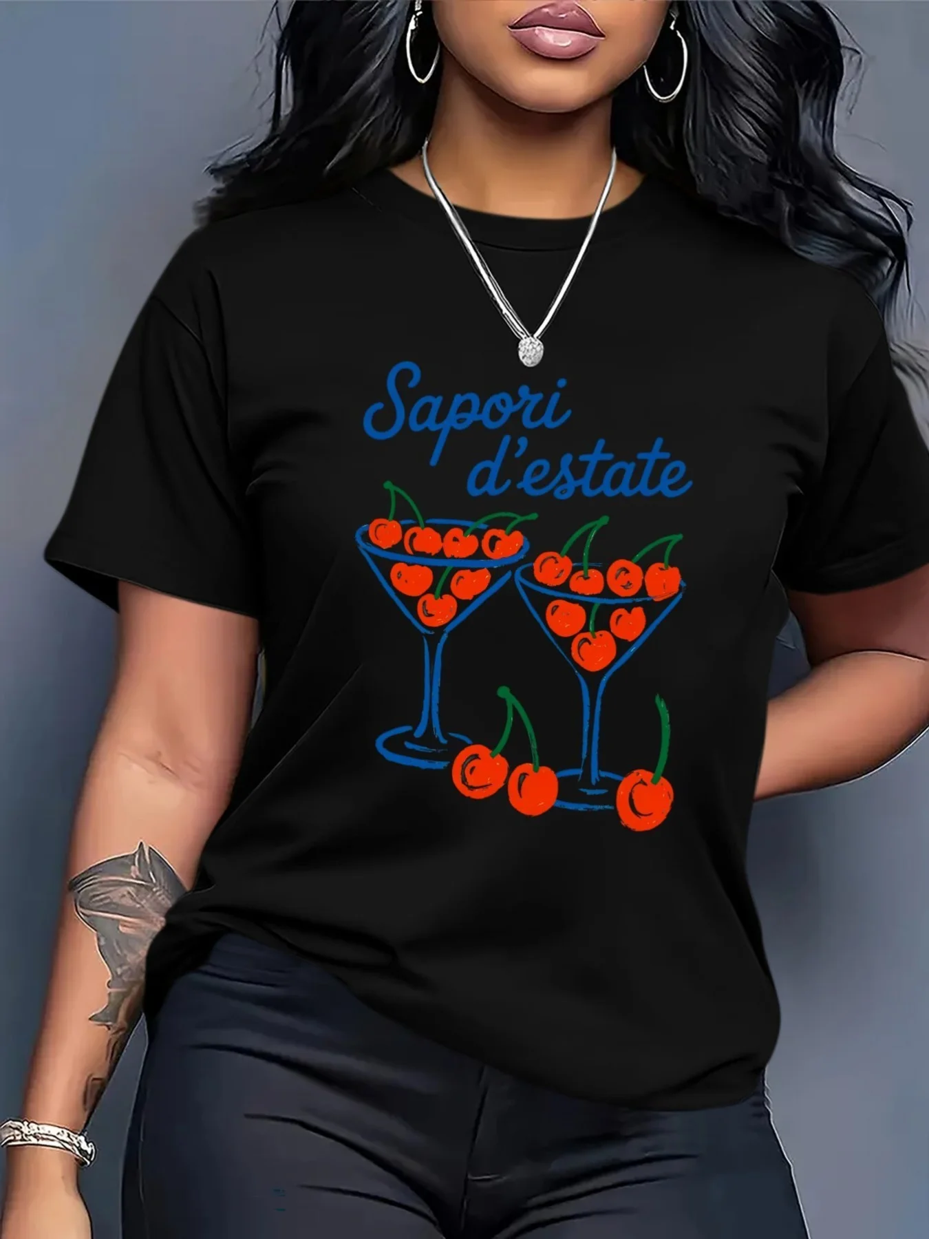 Italian Sapori D'estate Letter T-Shirt Women Cherry Fruit Graphic Tee Summer Fashion Short Sleeve Crew Neck Casual Female Tops