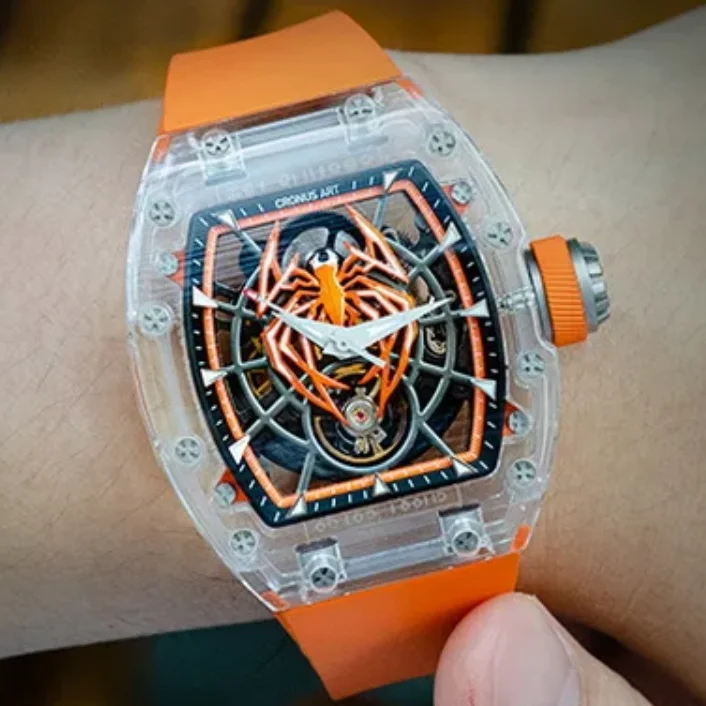 

CRONUSART Men Automatic Watch 50mm Tonneau Luxury Mechanical Wristwatch Acrylic Case Luminous Skeleton Spide Dial