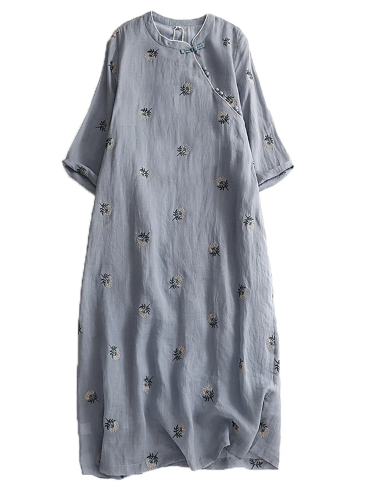 Retro-Blumendruck A-Linie Dr. Großes Damen-Faion-Sommerkleid, lässige Baumwollmischung, langes Sve-Rund-Ne-Kleid