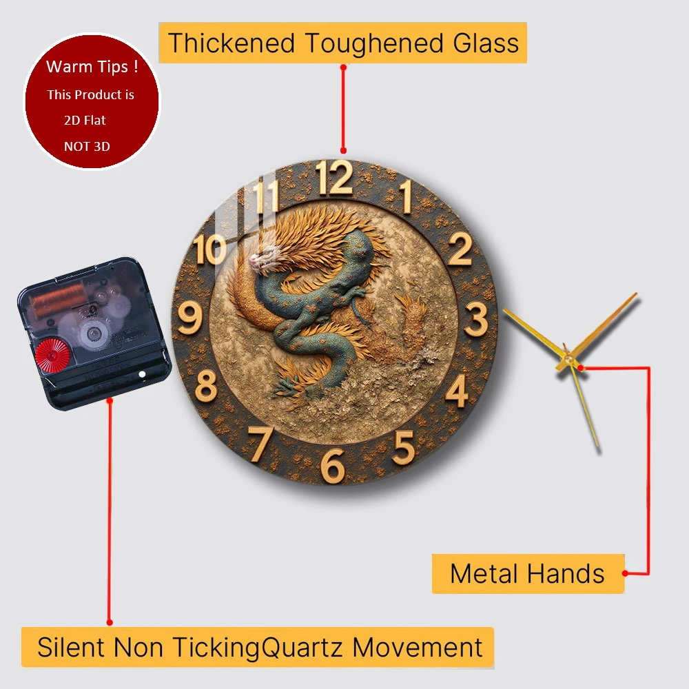 Tempered Glass Wall Clock Chinese Dragon Carving Design Suitable For Wall Decor or Tabletop Display Anywhere