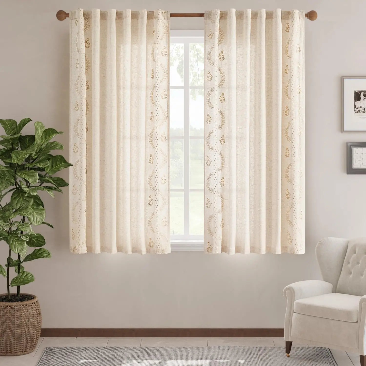 Jinchan tende di lino per camera da letto tende floreali 63 pollici di lunghezza misto lino Beige tende ricamate fiore della fattoria