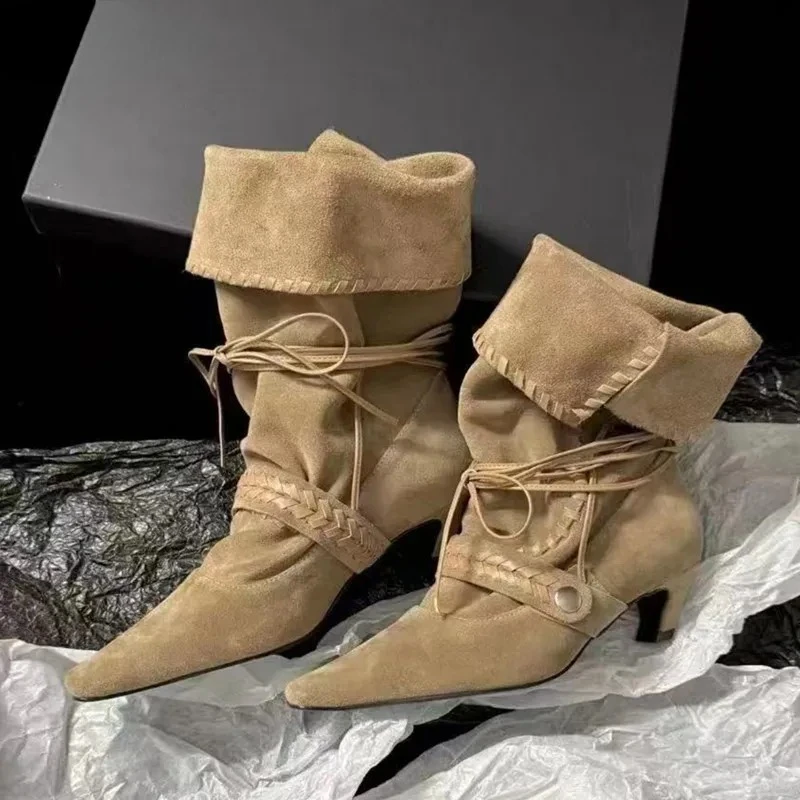 autumn-winter-faux-suede-weave-lace-up-women-motorcycle-boots-fashion-high-heels-chelsea-western-mid-calf-short-booties-shoes