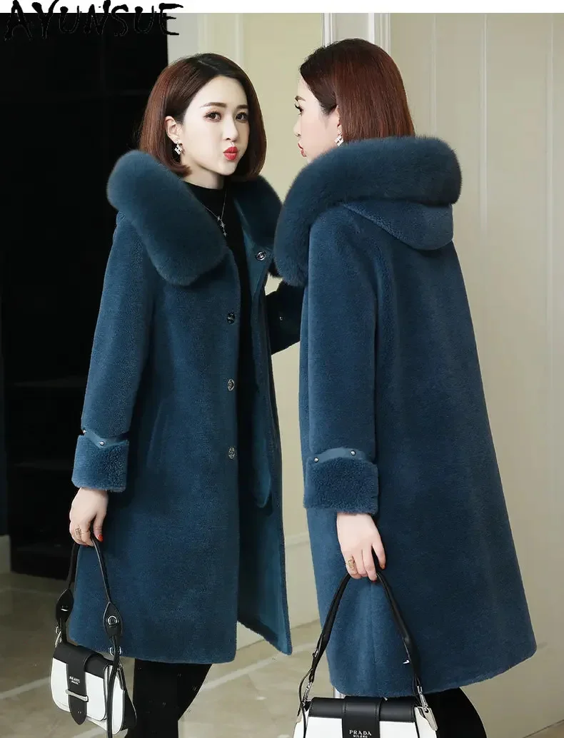 100% Sheep Shearing Coat Hooded Fox Fur Collar Medium-length Wool Coats For Women Winter Jacket Jackets Abrigos Mujer