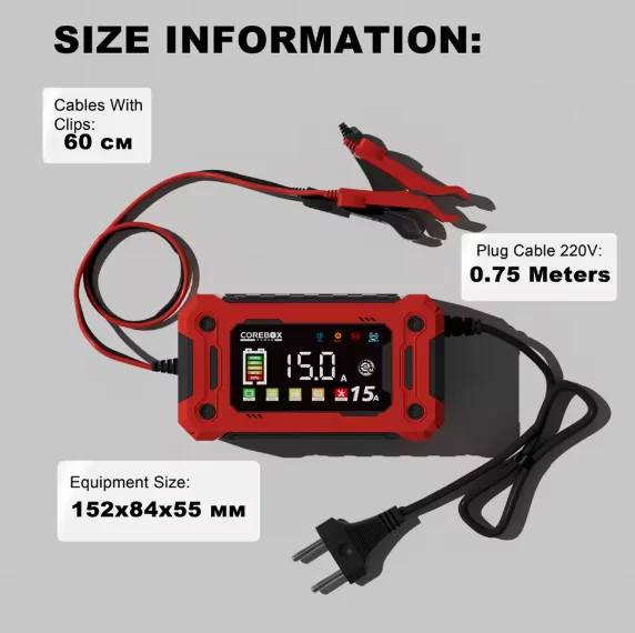 

12V 15A Car Battery Charger Fully Automatic Pulse Repair Charger for Lifepo4 AGM Lead-Acid Lithium Iron Battery Maintainer