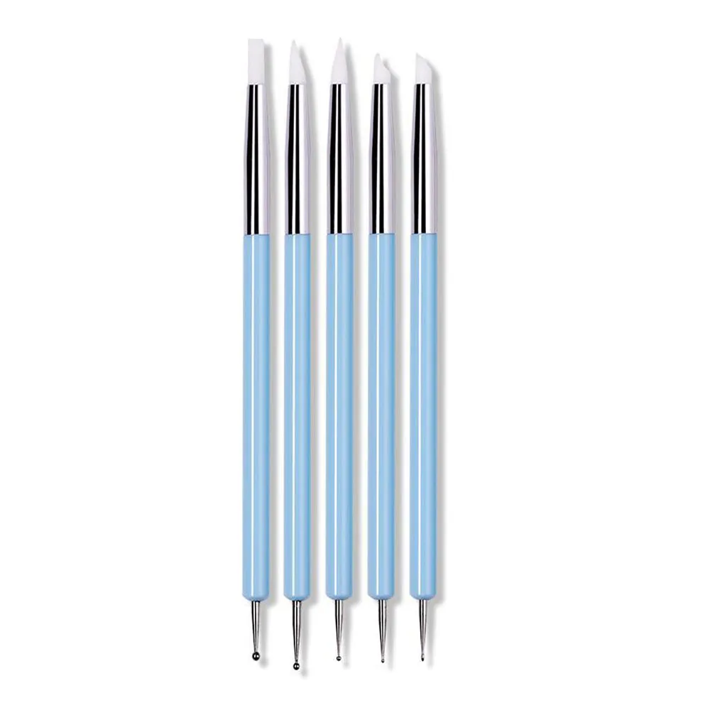 5PCS/Set Double-Ended Nail Art Brushes Sculpture Pen Dotting Silicone Nail Polish Brushes Steel Carving Drawing Art Tools