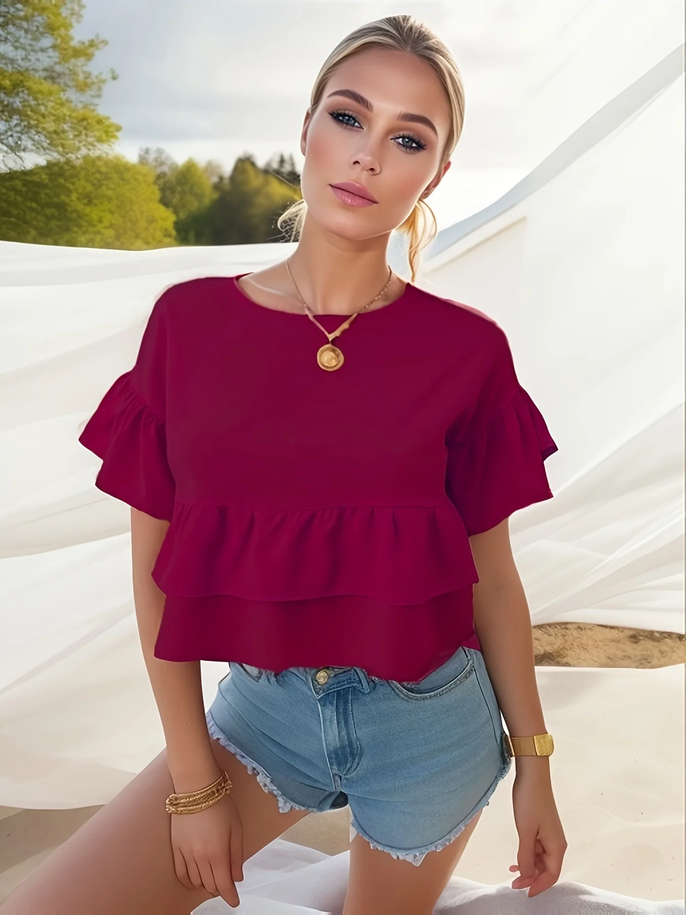 Fashion Simple Ruffled Round Collar Ruffled Elegant Shirt Spring And Summer Casual Short Sleeved Blouse Ladies