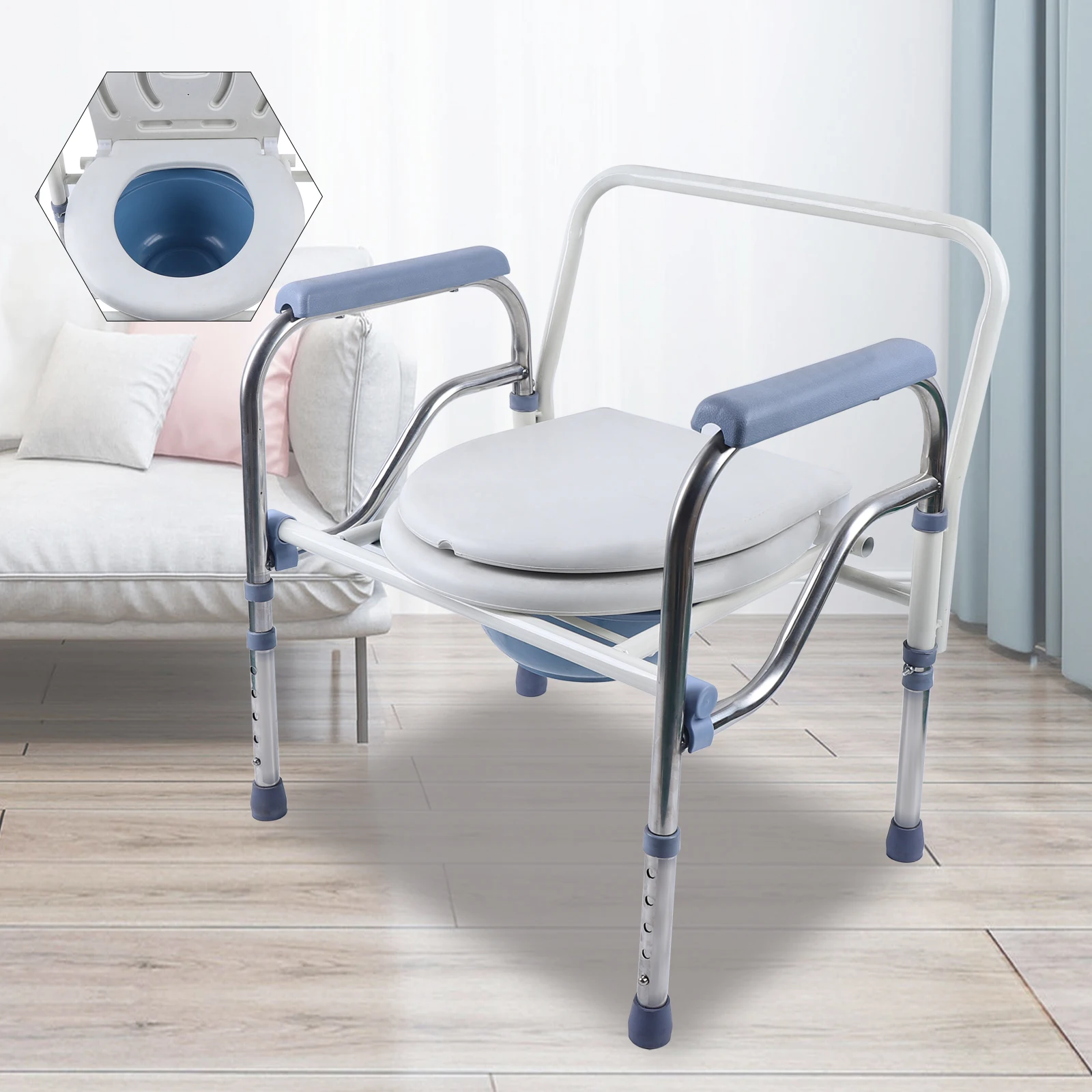 Toilet Bench Stainless Steel Folding Toilet Commode Chair with Non-Slip Rubber Feet Height Adjustable Up to 150kg