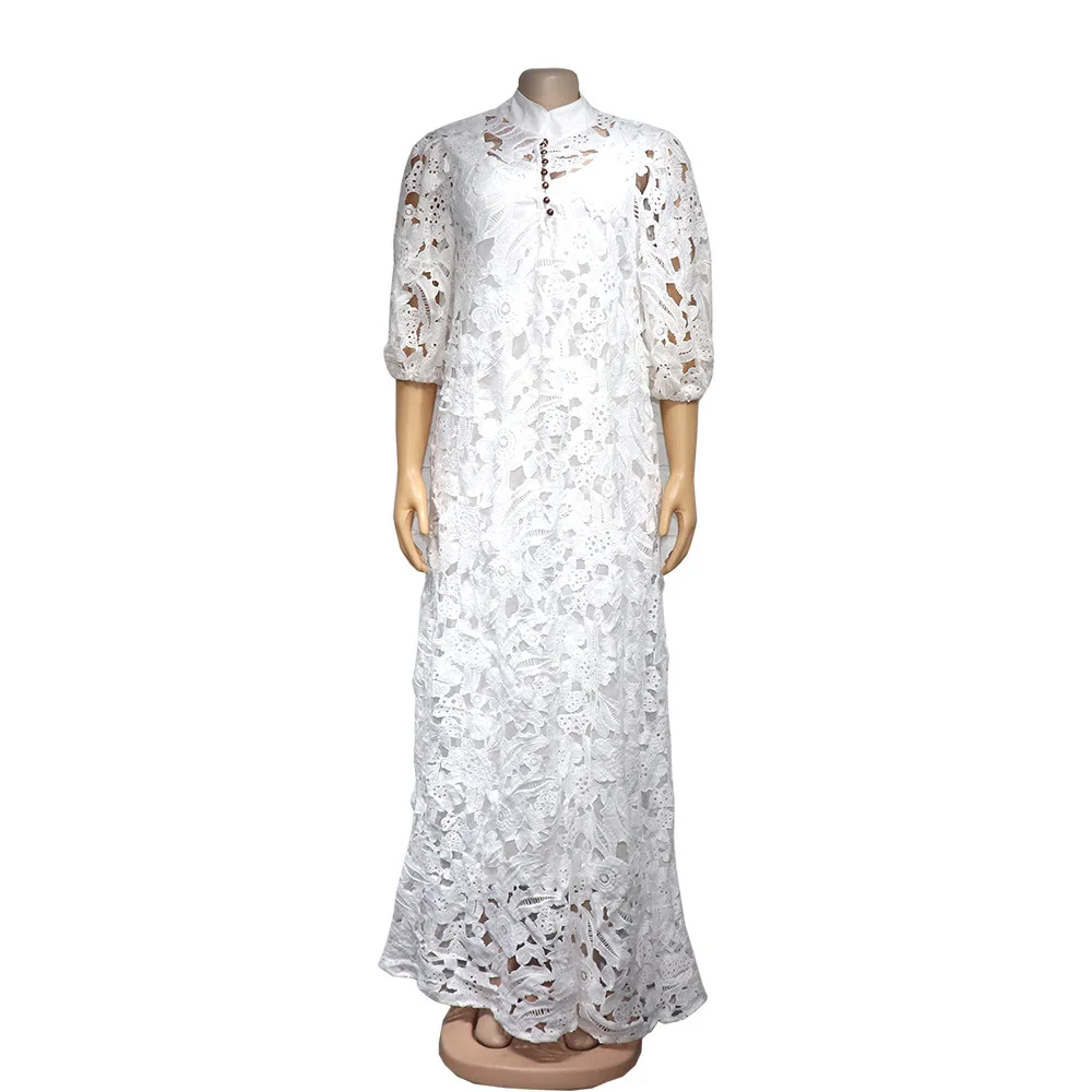 2025 African Women Popular National Dresses Lace Hollow Out Plus Size Maxi Dress and Inner Skirts Luxury Muslim White Abayas New