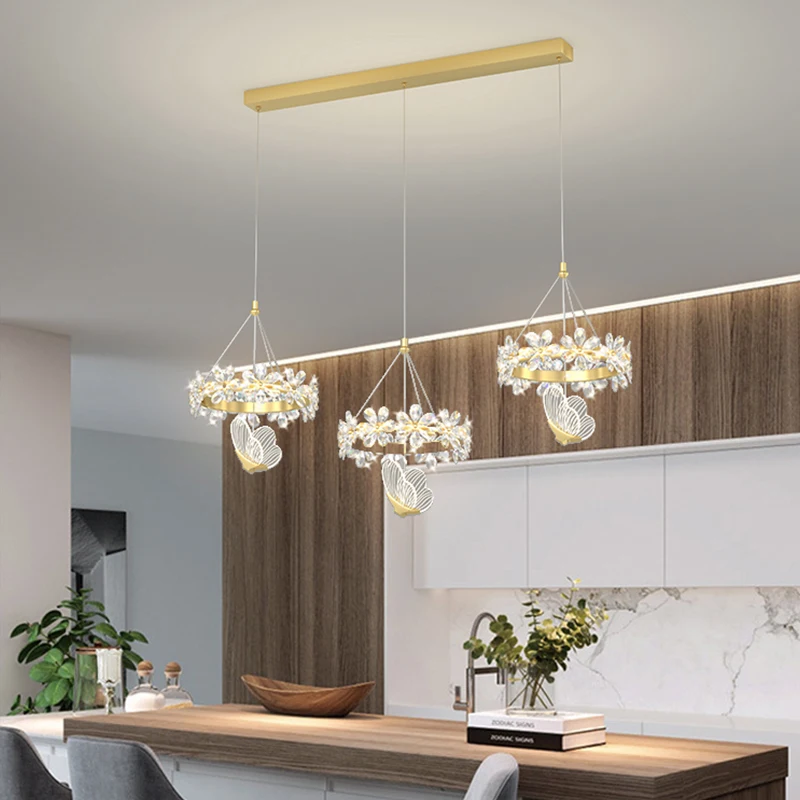 

Crystal Petal Restaurant Pendant Lights Luxury Starry Modern Minimalist Long Strip 3 Dining Room Dining Table Small Chandelier