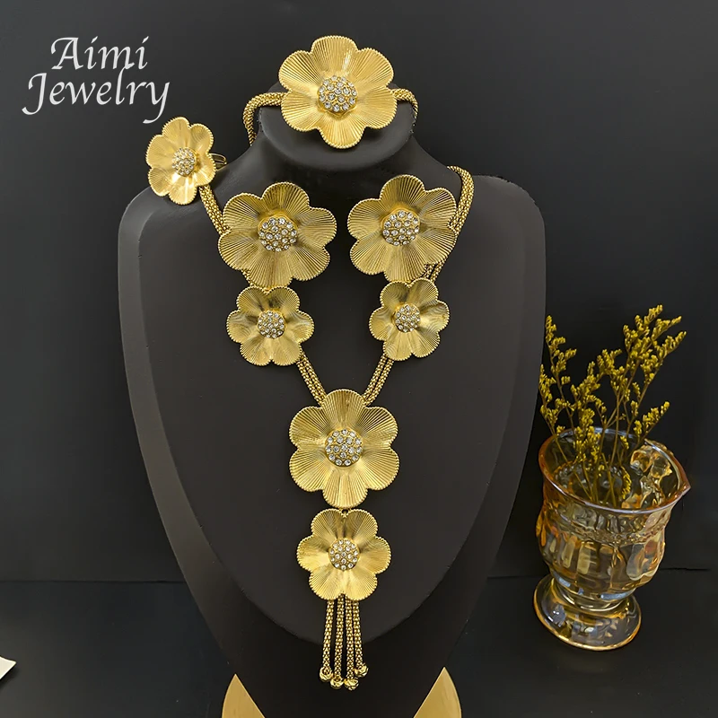 Rhinestones Flower Dubai 18K Gold Plated Jewelry Set Woman Necklace Earrings Bracelet Ring Italian Bridal Wedding Party Gifts
