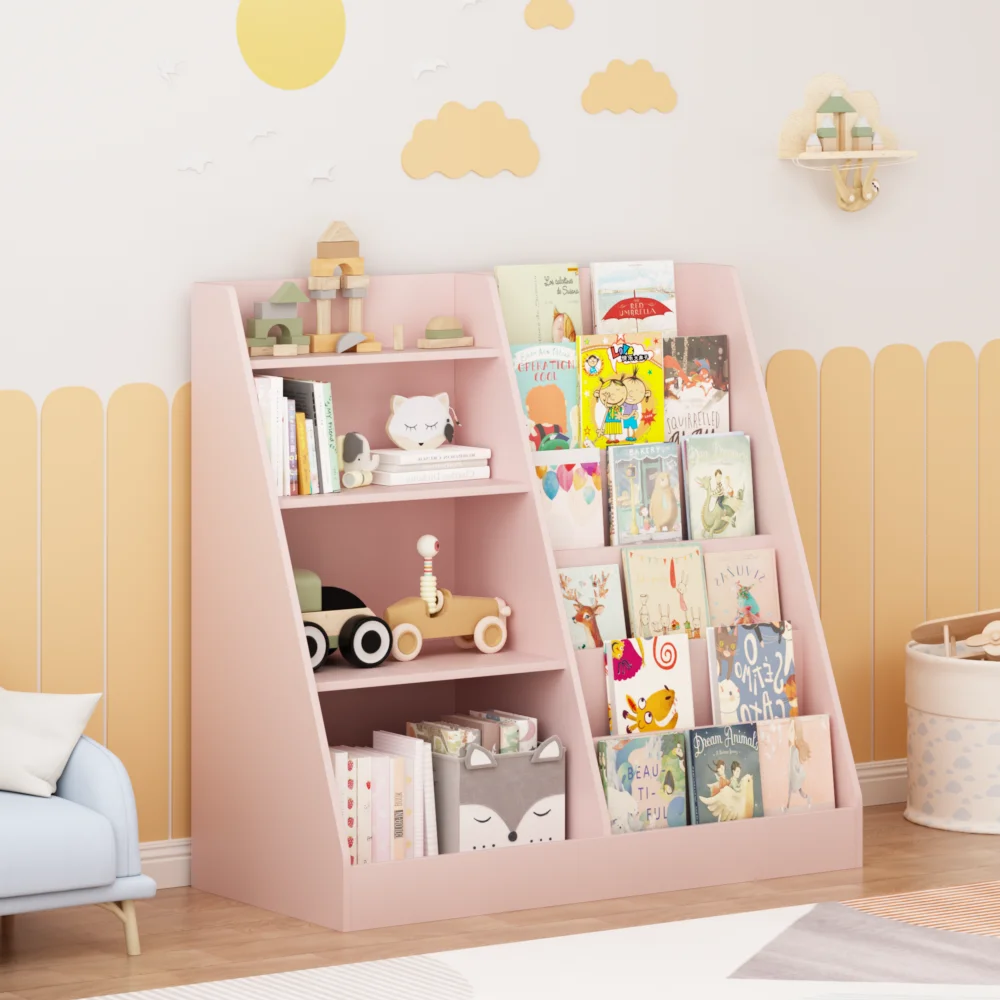 Orraves New Kids Bookshelf and Toy Storage Organizer, Multifunctional 4 Tier Wooden Kids Book Shelf with  Bookcase Display Stand in Kids Room Playroom Nursery for Kids, Children, Toddlers (Pink)