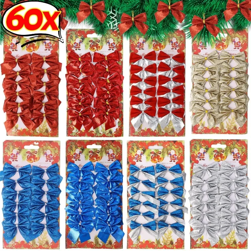 60/12PCS Christmas Bows Decoration DIY Gifts Wrapping Decors Xmas Tree Bowknots Pendants Xmas New Year Party Garland Ornaments