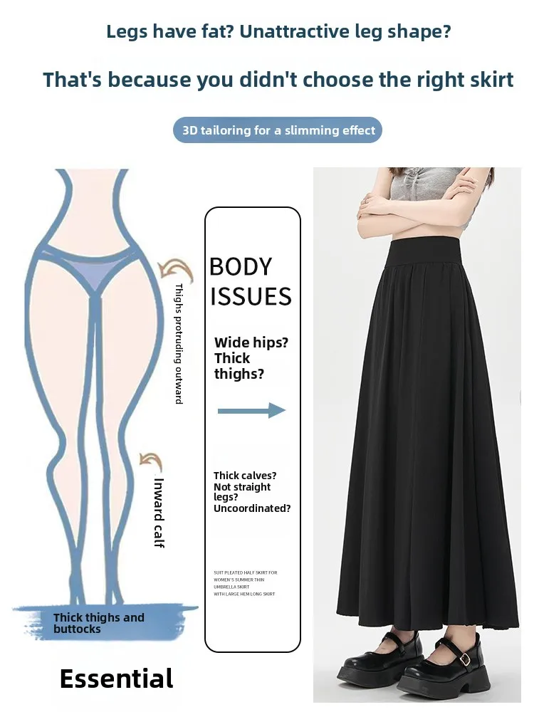 

Plus Size Bla High Waist A-Line Midi Skirt Women's Summer Thin f-length Suit Sle Pleated Gored Skirts Korean Sle Commute