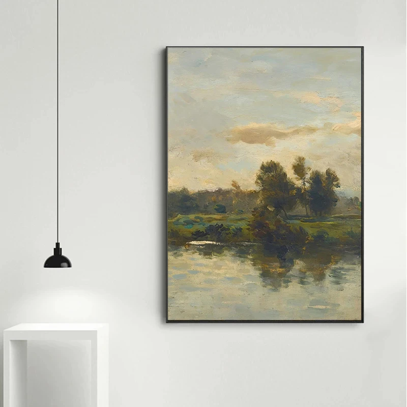 Vintage River Landscape Dandelion White Tulip Wildflower Field Countryside Poster Canvas Painting Print Wall Art Home Decor