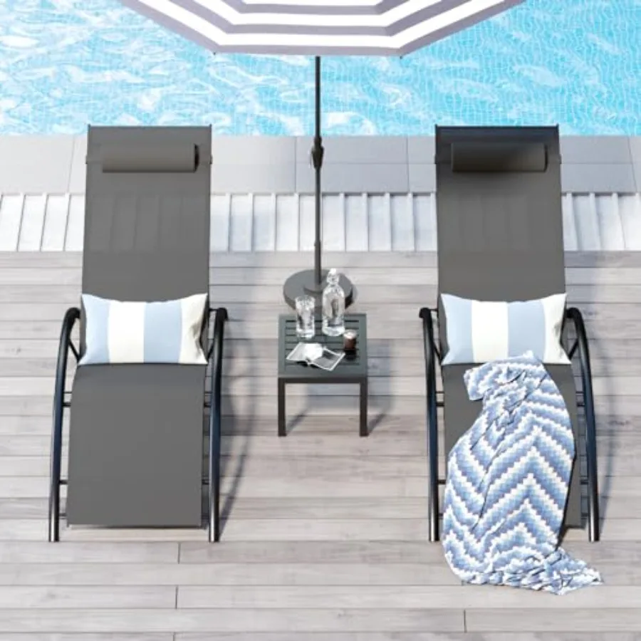 Aluminum Outdoor Chaise Lounge Set of 3, Textilene Patio Chairs with Metal Table Headrest, Sunbathing Recliner with 5-Position