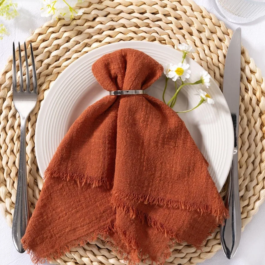 

6 упаковок терракотовых осенних салфеток, льняные салфетки в стиле бохо с бахромой, оранжевые, деревенские салфетки для ужина, моющиеся тканевые салфетки 1