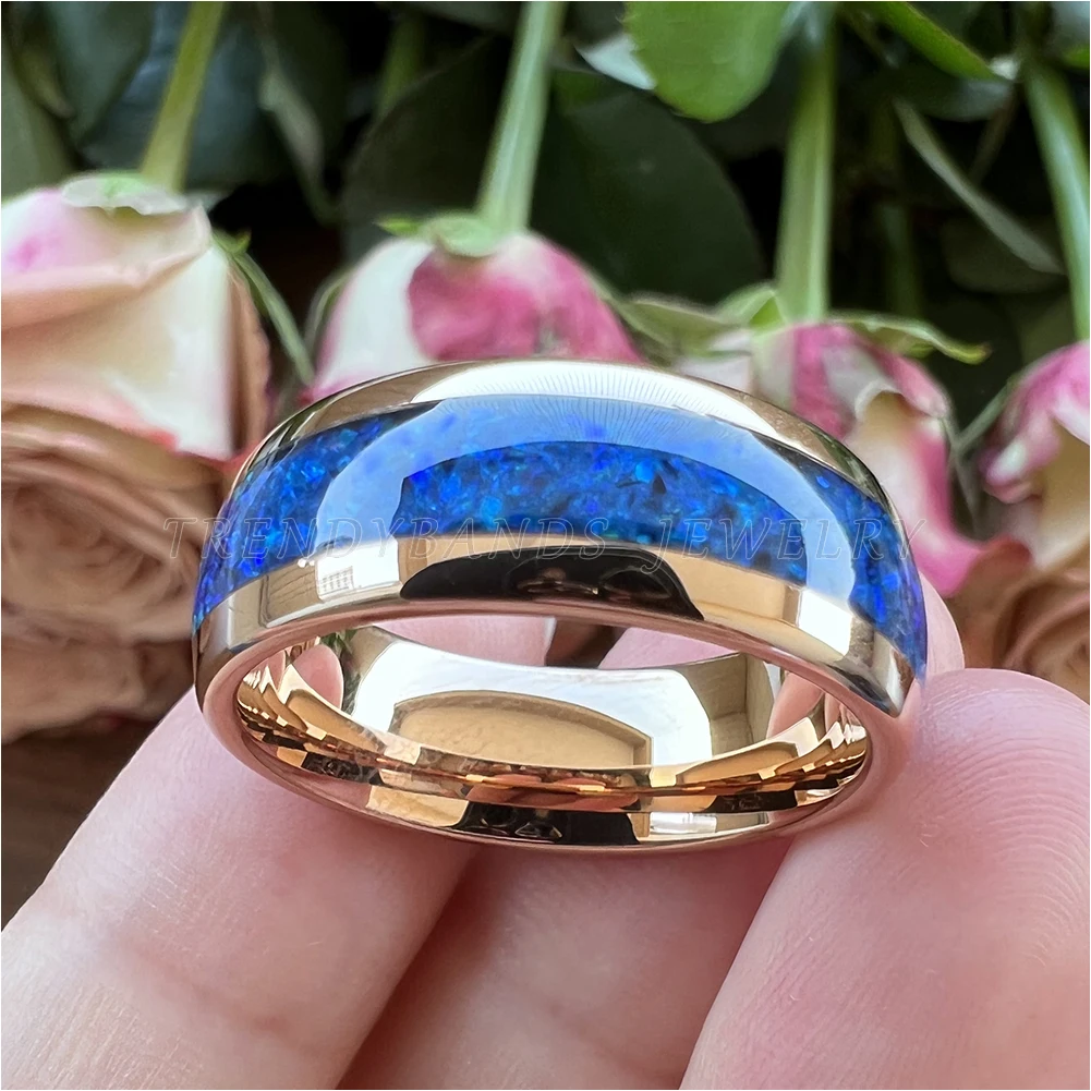 6 mm 8 mm Ringe für Männer und Frauen, Wolfram-Ehering, Modeschmuck, blaue Opal-Inlay, gewölbt, poliert, glänzend, bequeme Passform – Detail 6
