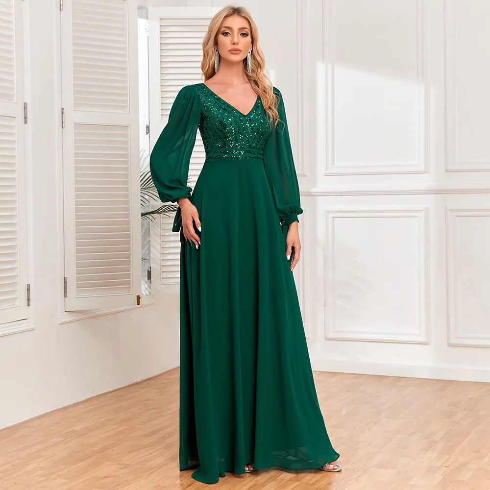 New Long sleeved Lace up High Quality Double V-neck Bead Panel Chiffon A-line Large Display Fully Lined Party Evening Dress