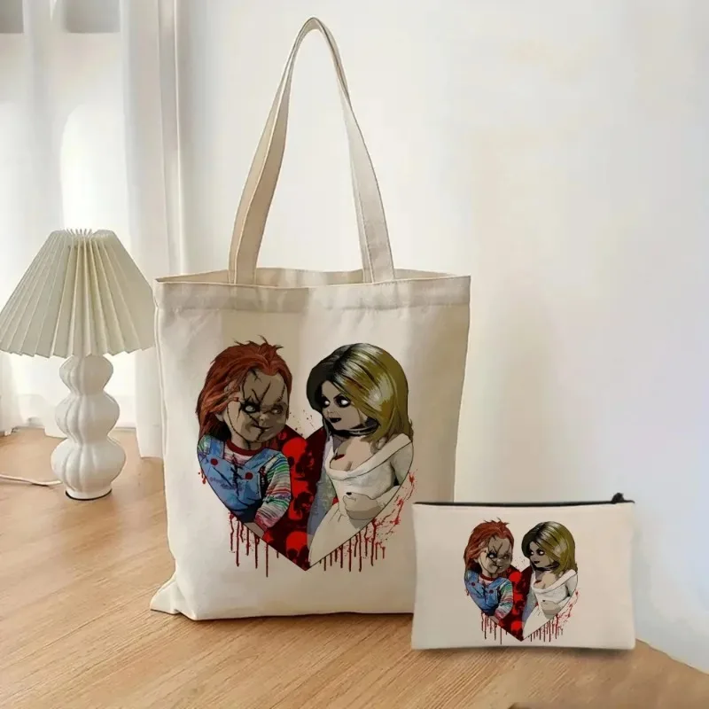 2pcs/set Chucky Women\'s Printed Handbag Cosmetic Organizer Fashion Canvas Shoulder Bag Eco-friendly Large Capacity Shopping Bag