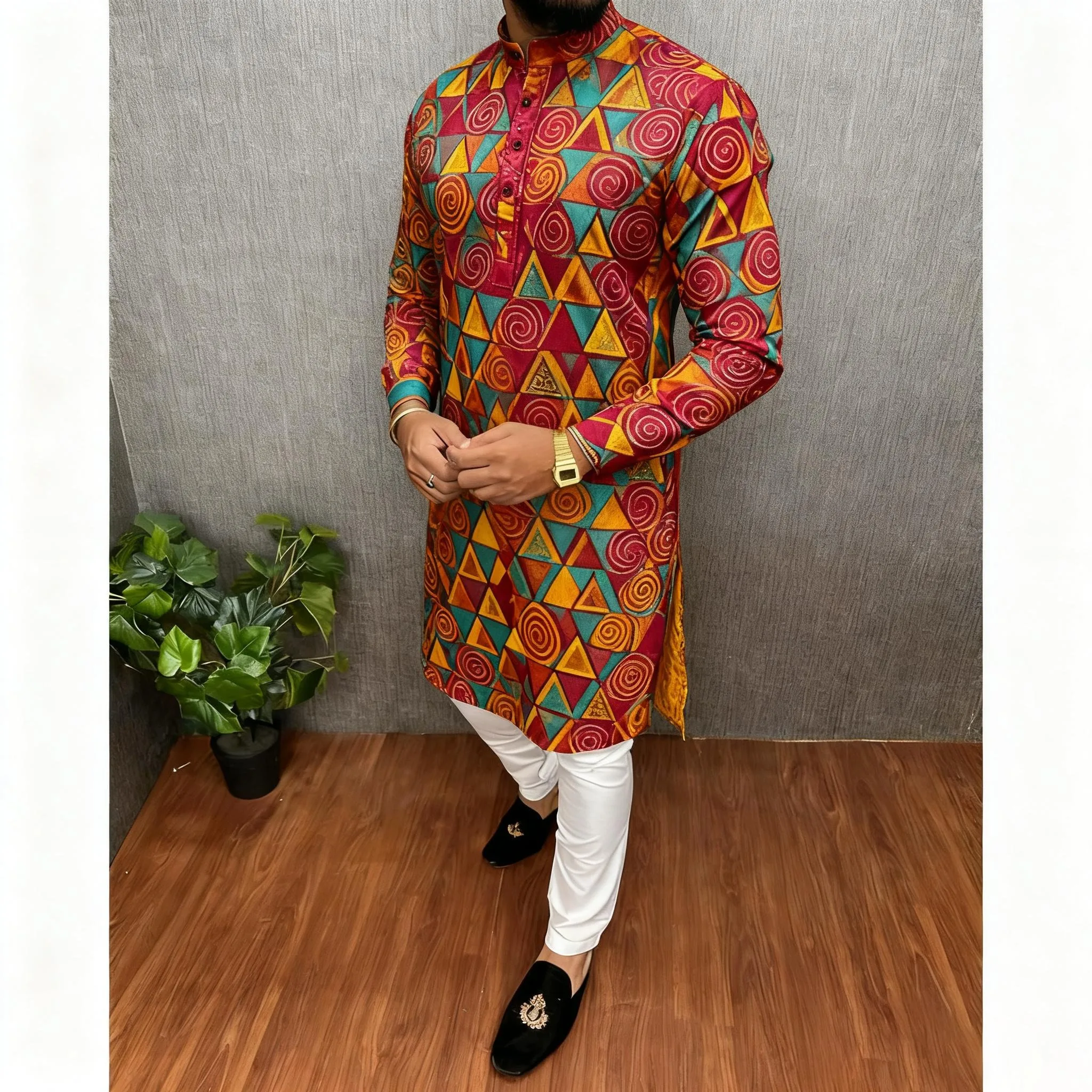 メンズゆったりムスリムシャツ 春 スタンドカラー カジュアルシャツ カフタン 長袖 メンズトーブ クルタ ロパ・アラベ カミサ・アラベ オムブレ