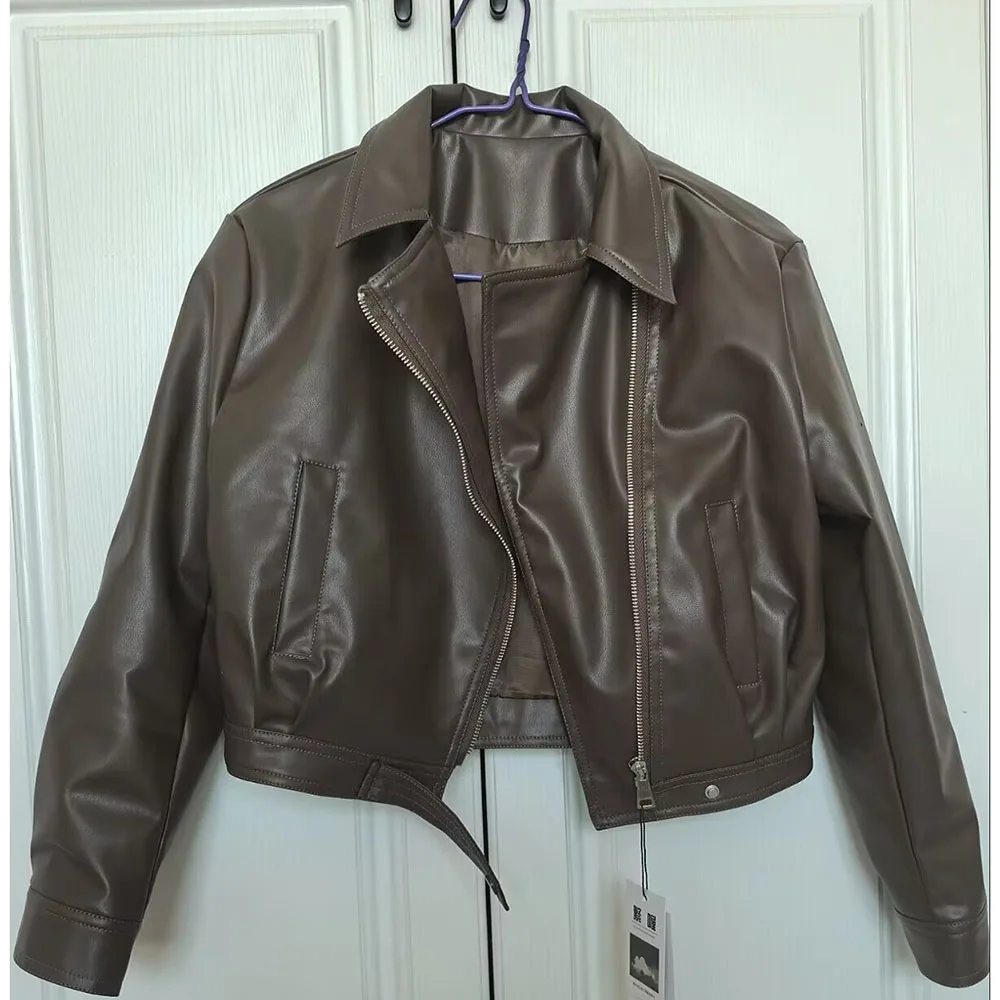 ขั้นสูงหญิงแขนยาว PU หนังยุโรปผู้หญิงเสื้อหนัง Faux ฤดูใบไม้ผลิฤดูใบไม้ร่วงสุภาพสตรี Flip COLLAR Outcoat