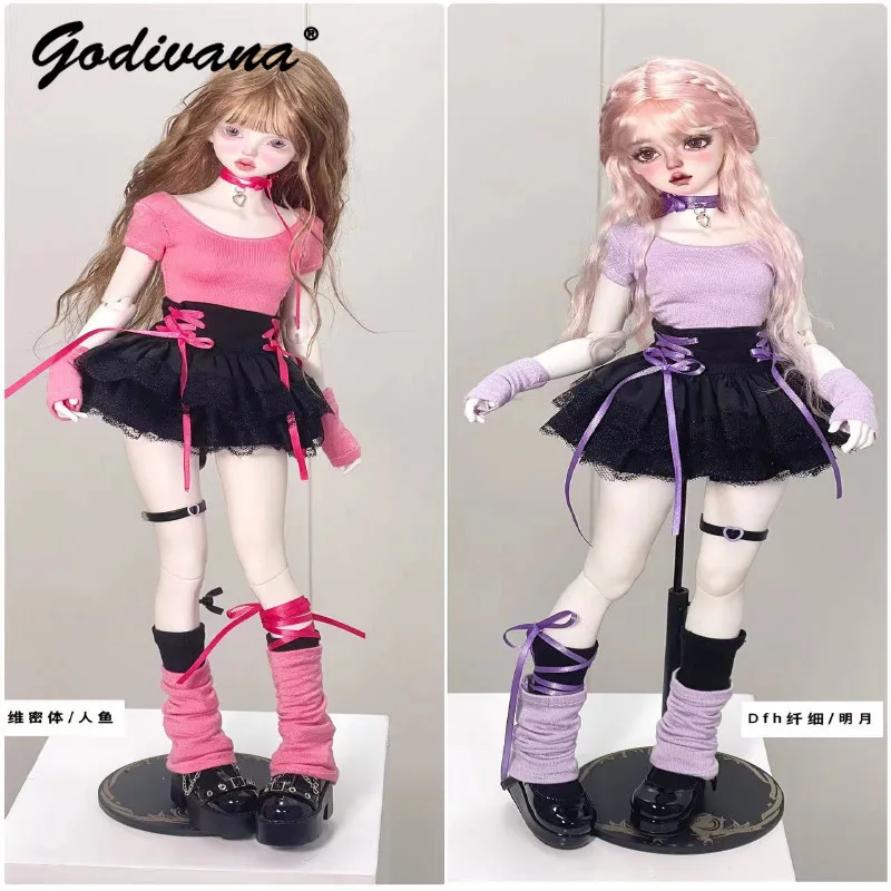 1/4 BJD Doll Clothes Sweet Cute Y2K Hot Girl Style Slim Short Top and Lace Mini Skirt Punk Sstreetwear Casual Daily 2pcs Set