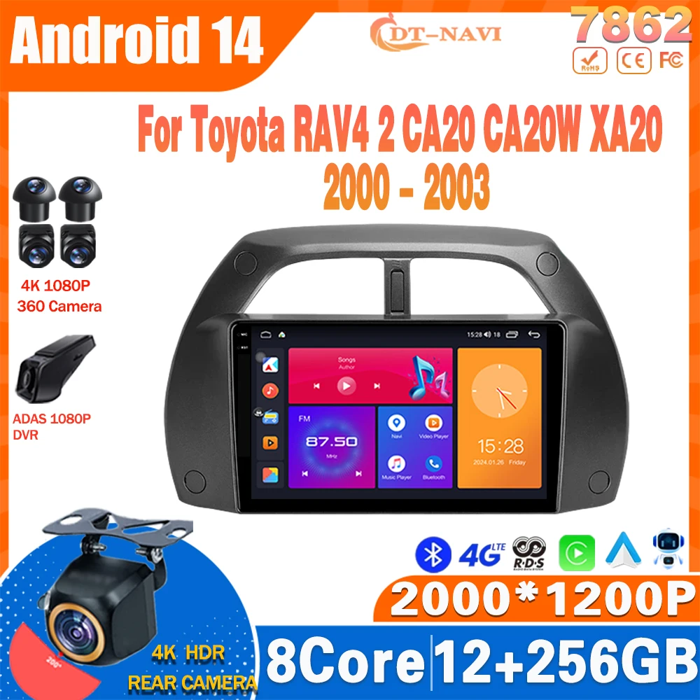 Android 14 Car Radio For Toyota RAV4 2 CA20 CA20W XA20 2000 - 2003 Multimidia Video Player Navigation Carplay NO 2Din Head Unit