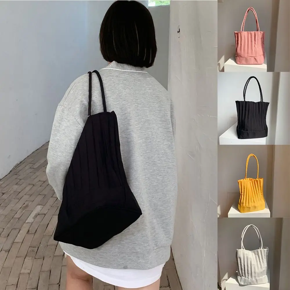 

Cute Korean Style Pleated Bucket Bag Solid Color Silk Texture Underarm Bag Niche Design Tote Bag Shoulder Bag Outdoor