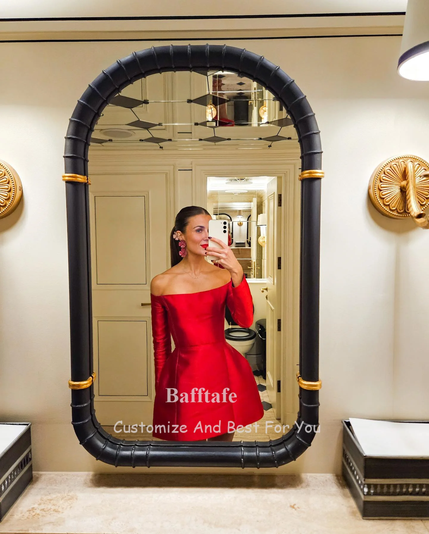 Bafftafe-Mini robe de soirée en satin rouge pour femme, ligne A, manches longues, hors des zones de remise des diplômes initiées, robe de cocktail