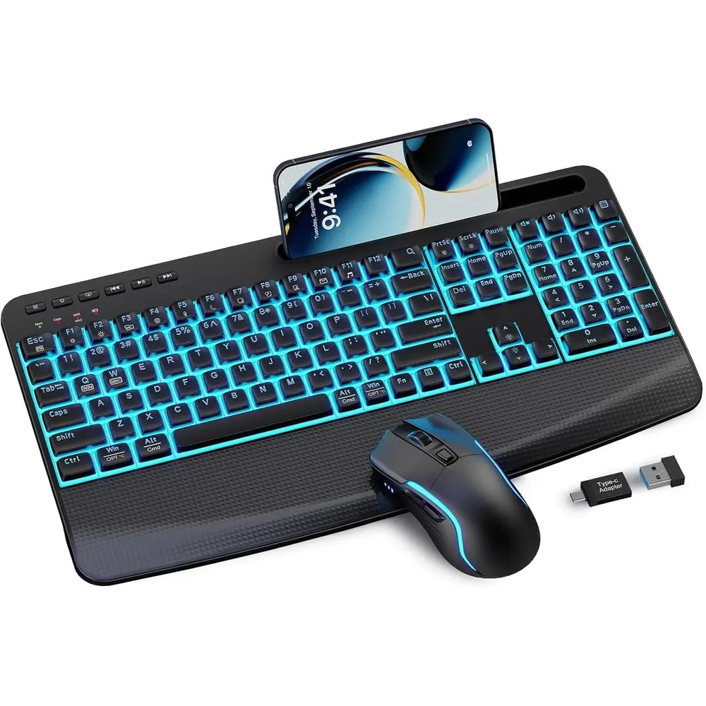 

Rechargeable Ergonomic Backlit Keyboard with Wrist Rest and Phone Holder, Quiet for PC/Laptop/Chrome OS