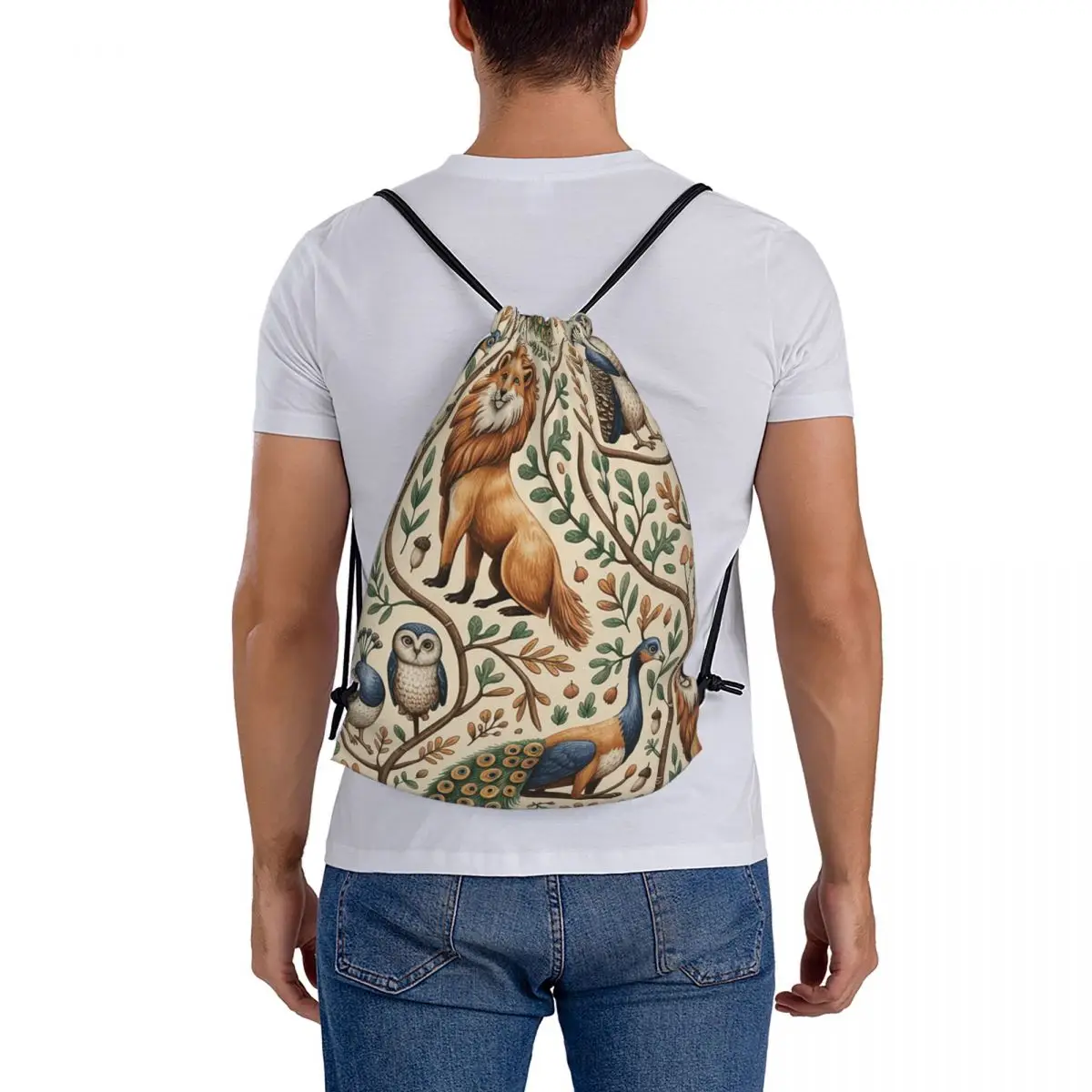 Whimsical Woodland Animals Peacock Lion Owl Fox Seamless Pattern Backpacks Drawstring Bundle Pocket Sports Bag Book Bags