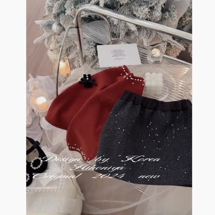 تنورة صوفية مطرزة للفتيات لخريف وشتاء 2025 تنورة بناتي كورية جديدة على الموضة تنورة فتاة على شكل حرف A