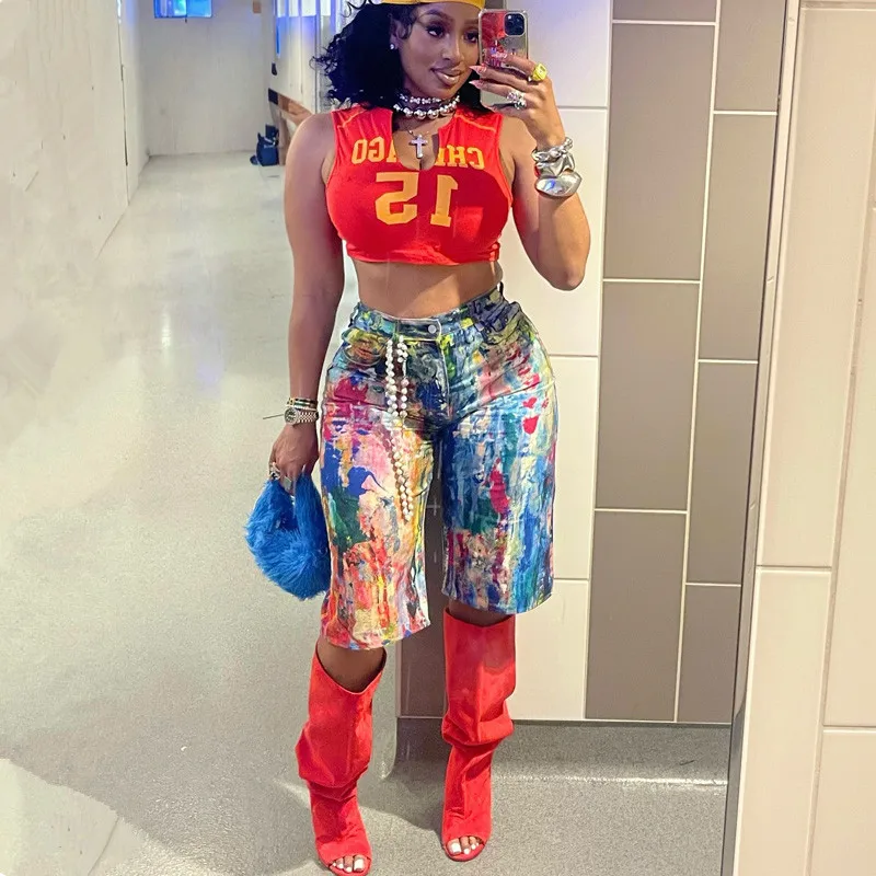 ファッション夏の女性のポケット落書きショーツホットカジュアルポリエステルショーツミッドウエストショートストリートショートパンツ