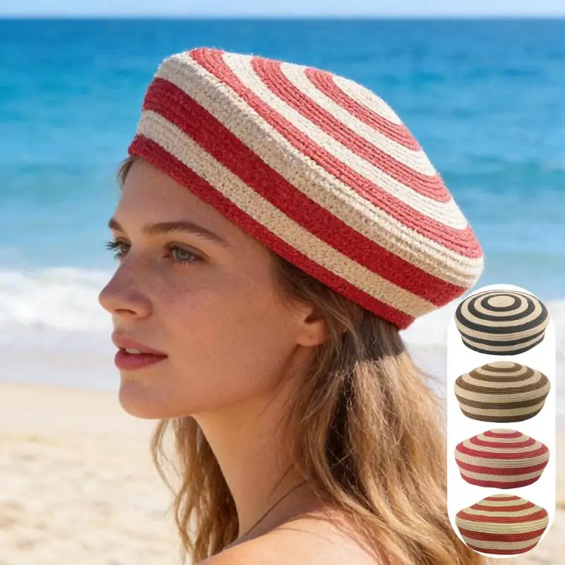 2026-new-striped-paper-straw-beret-for-women-breathable-french-elegance-straw-sun-hats-summer-handmade-sun-hat